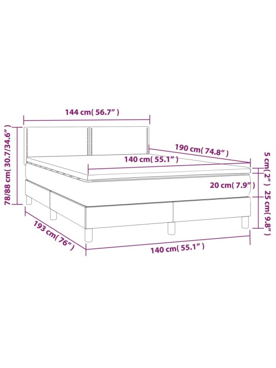 Kontinentaalvoodi madrats ja LED, helehall, 140x190 cm, samet