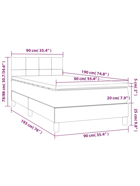 Kontinentaalvoodi madrats ja led, tumehall, 90x190 cm, samet