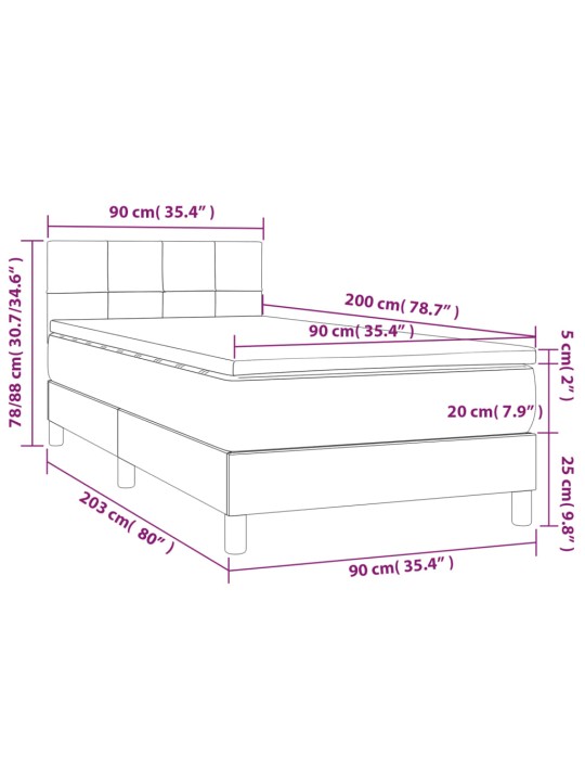 Kontinentaalvoodi madrats ja led, must, 90x200 cm, samet