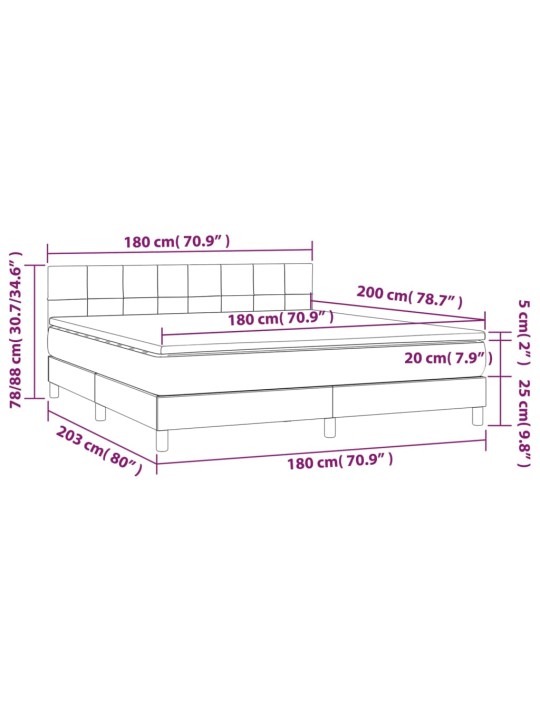 Kontinentaalvoodi madrats ja LED, helehall, 180x200 cm, samet