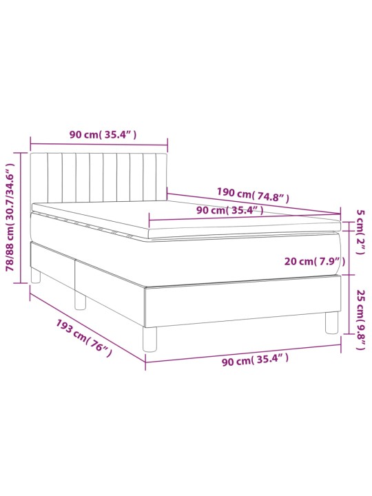 Kontinentaalvoodi madrats ja LED, tumehall, 90x190 cm, samet