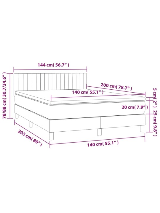 Kontinentaalvoodi madrats ja LED, helehall, 140x200 cm, samet