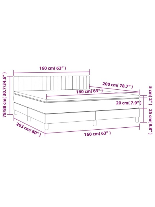 Kontinentaalvoodi madrats ja LED, helehall, 160x200 cm, samet