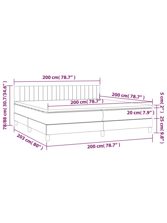 Kontinentaalvoodi madrats ja LED, helehall, 200x200 cm, samet