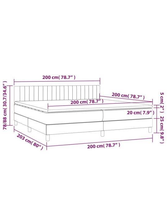 Kontinentaalvoodi madrats ja LED, must, 200x200 cm, samet