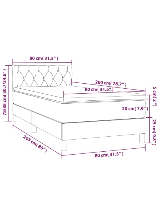 Kontinentaalvoodi madrats ja LED, helehall, 80x200 cm, samet