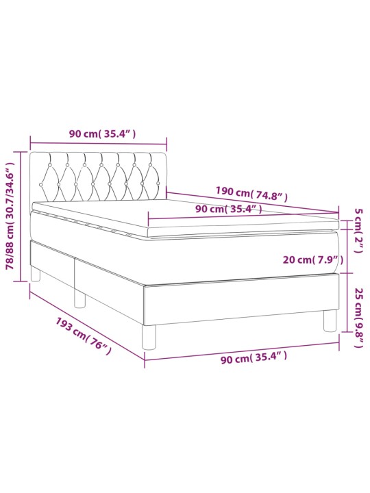 Kontinentaalvoodi madrats ja LED, tumehall, 90x190 cm, samet