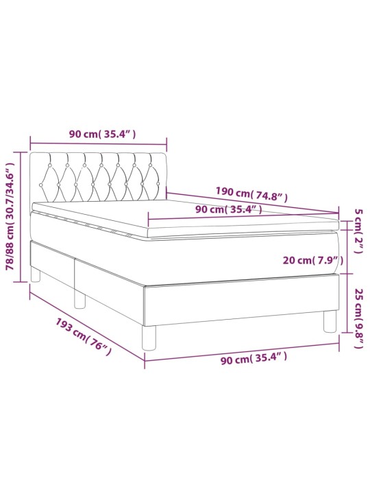 Kontinentaalvoodi madrats ja led, must, 90x190 cm, samet