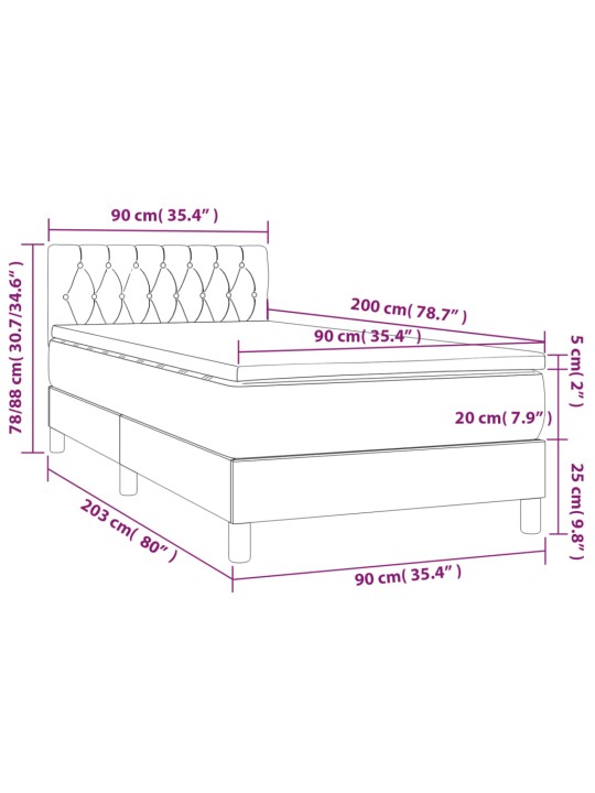 Kontinentaalvoodi madrats ja led, must, 90x200 cm, samet