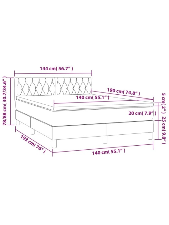 Kontinentaalvoodi madrats ja led, helehall, 140x190 cm, samet