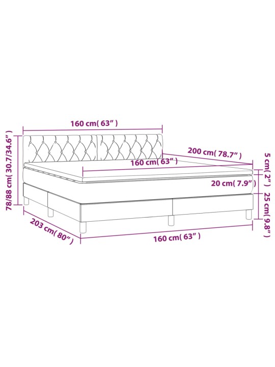 Kontinentaalvoodi madrats ja LED, tumehall, 160x200 cm, samet