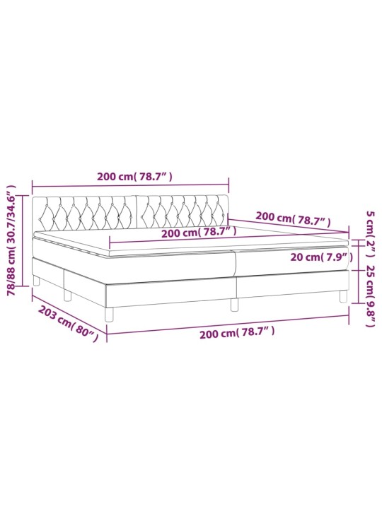 Kontinentaalvoodi madrats ja LED, helehall, 200x200 cm, samet