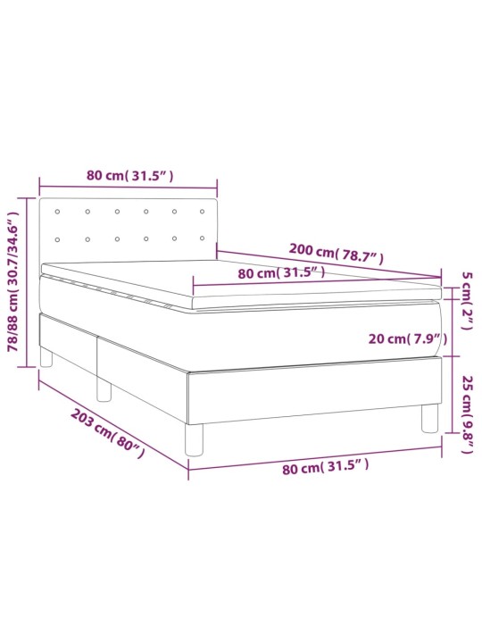 Kontinentaalvoodi madrats ja LED, helehall, 80x200 cm, samet