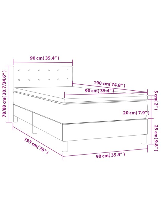 Kontinentaalvoodi madrats ja LED, tumehall, 90x190 cm, samet