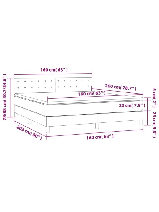 Kontinentaalvoodi madrats ja led, helehall, 160x200 cm, samet