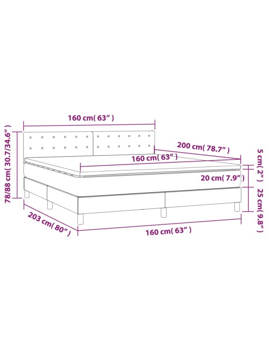 Kontinentaalvoodi madrats ja LED, helehall, 160x200 cm, samet