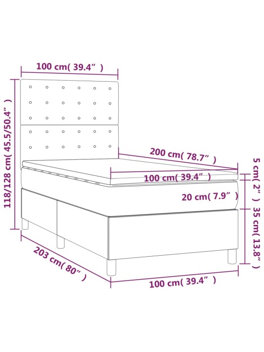 Kontinentaalvoodi madrats, led, hall, 100x200 cm, kunstnahk