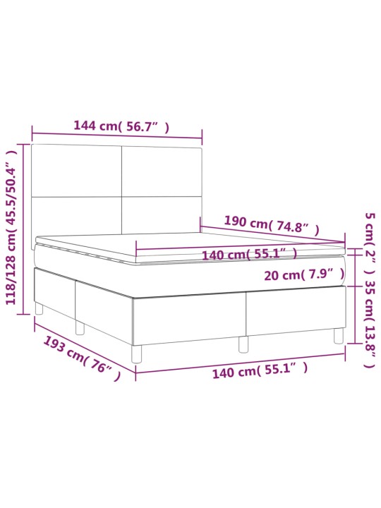 Kontinentaalvoodi madrats, LED, roosa, 140x190 cm, samet