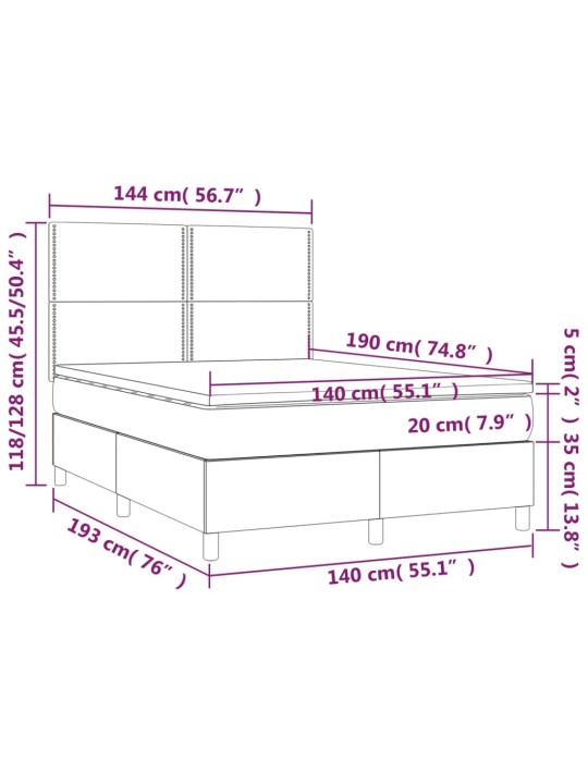 Kontinentaalvoodi madrats ja LED, helehall, 140x190 cm, samet