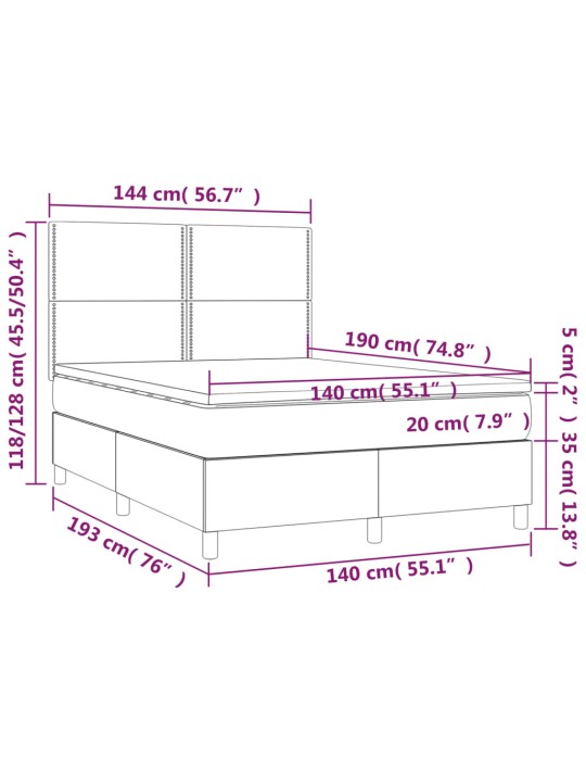 Kontinentaalvoodi madrats, LED, tumesinine, 140x190 cm, samet