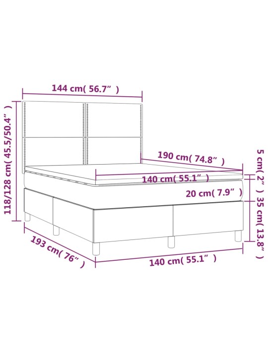 Kontinentaalvoodi madrats, LED, roosa, 140x190 cm, samet