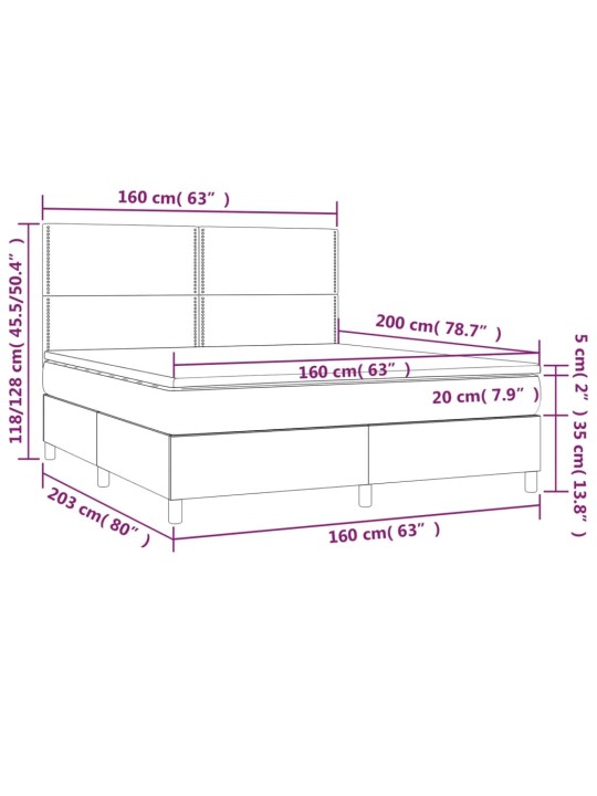 Kontinentaalvoodi madrats ja LED, helehall, 160x200 cm, samet