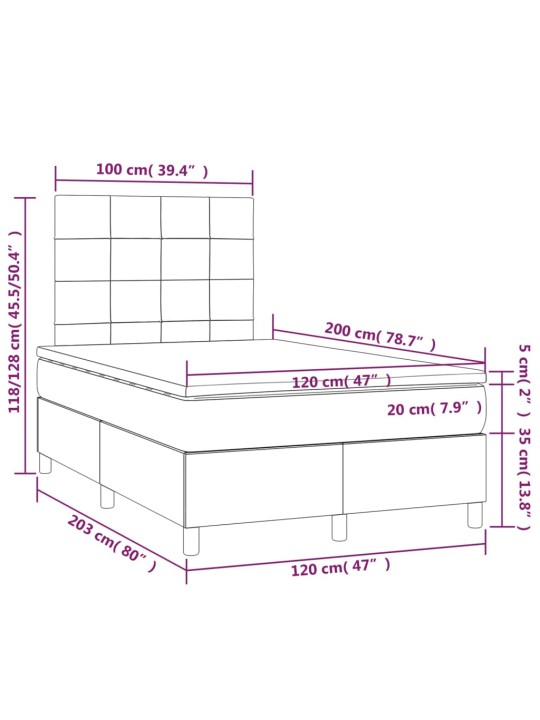 Kontinentaalvoodi madrats ja LED, helehall, 120x200 cm, samet