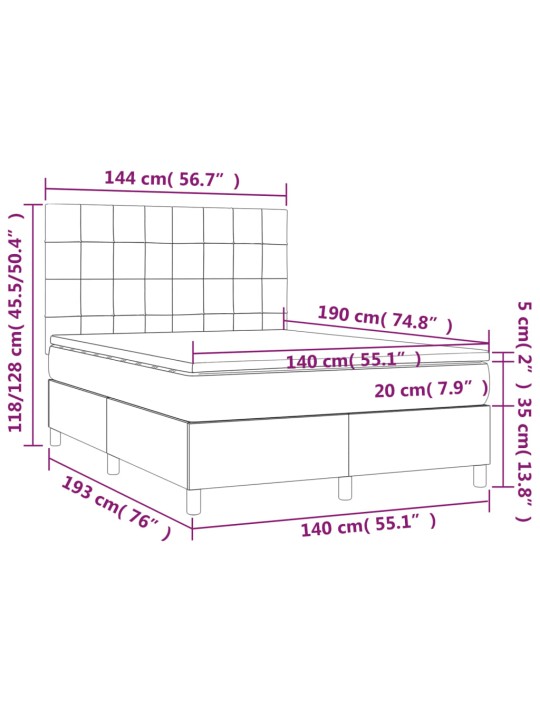 Kontinentaalvoodi madrats, LED, tumesinine, 140x190 cm, samet