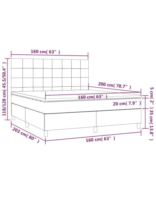 Kontinentaalvoodi madrats ja LED, tumehall, 160x200 cm, samet