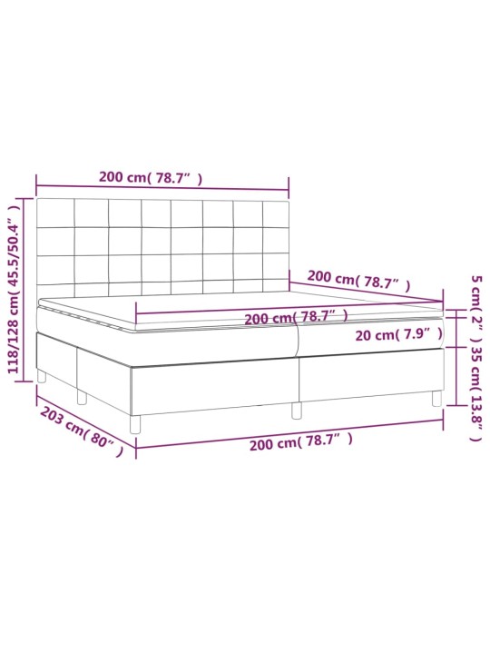 Kontinentaalvoodi madrats ja LED, helehall, 200x200 cm, samet