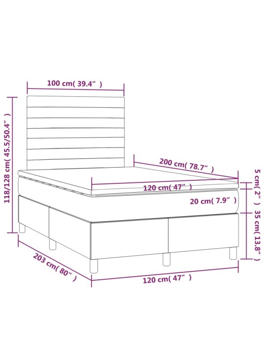 Kontinentaalvoodi madrats ja LED, helehall, 120x200 cm, samet