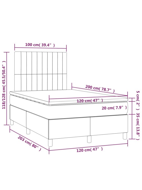 Kontinentaalvoodi madrats ja LED, helehall, 120x200 cm, samet