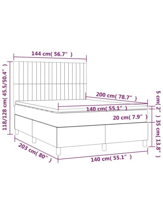 Kontinentaalvoodi madrats ja LED, helehall, 140x200 cm, samet