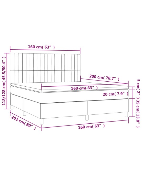 Kontinentaalvoodi madrats ja LED, tumehall, 160x200 cm, samet