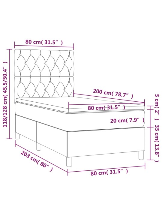 Kontinentaalvoodi madrats ja led, helehall, 80x200 cm, samet