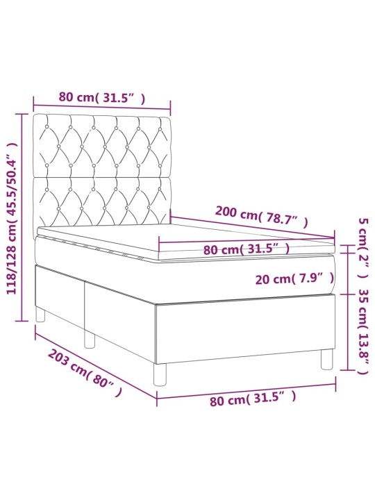 Kontinentaalvoodi madrats ja LED, tumehall, 80x200 cm, samet