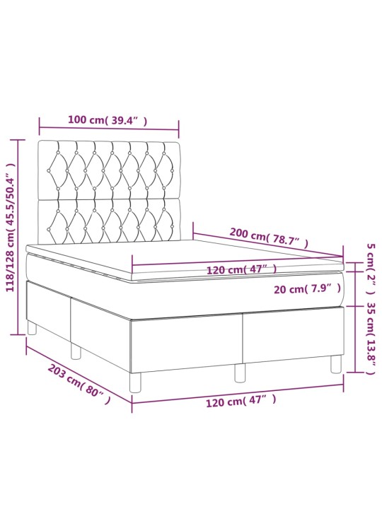 Kontinentaalvoodi madrats ja LED, helehall, 120x200 cm, samet