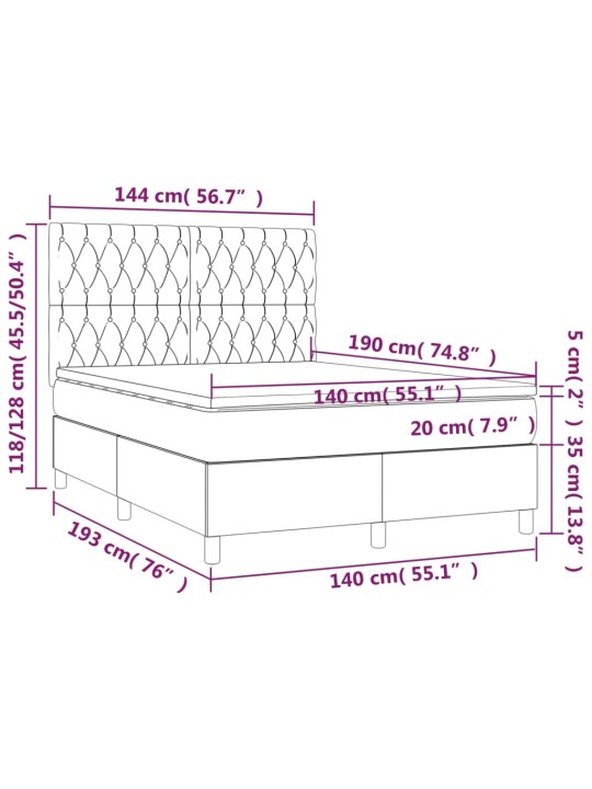 Kontinentaalvoodi madrats ja led, helehall, 140x190 cm, samet