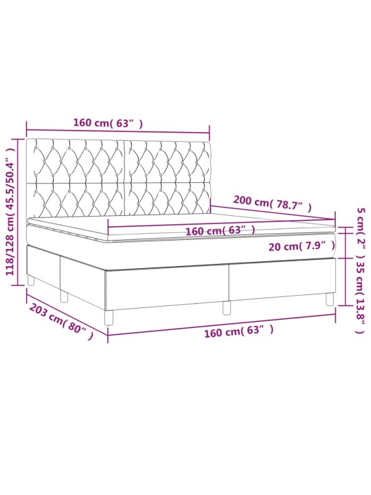 Kontinentaalvoodi madrats ja led, helehall, 160x200 cm, samet