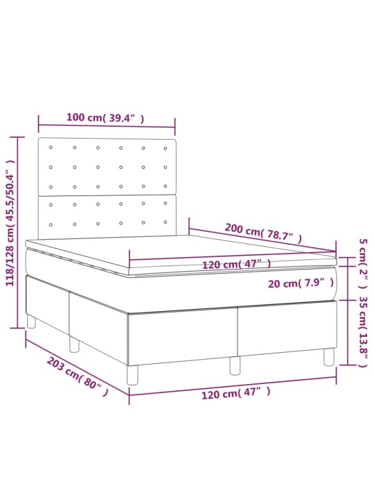 Kontinentaalvoodi madrats ja LED, helehall, 120x200 cm, samet