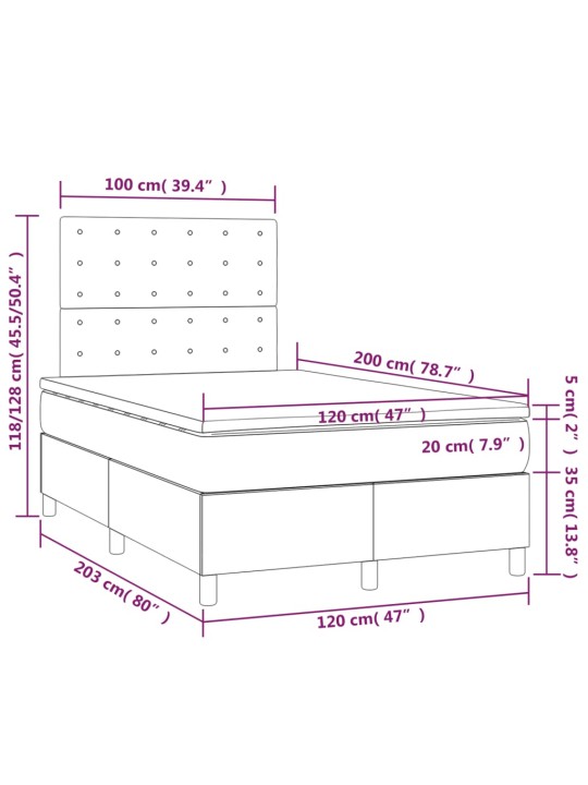 Kontinentaalvoodi madrats ja LED, tumehall, 120x200 cm, samet