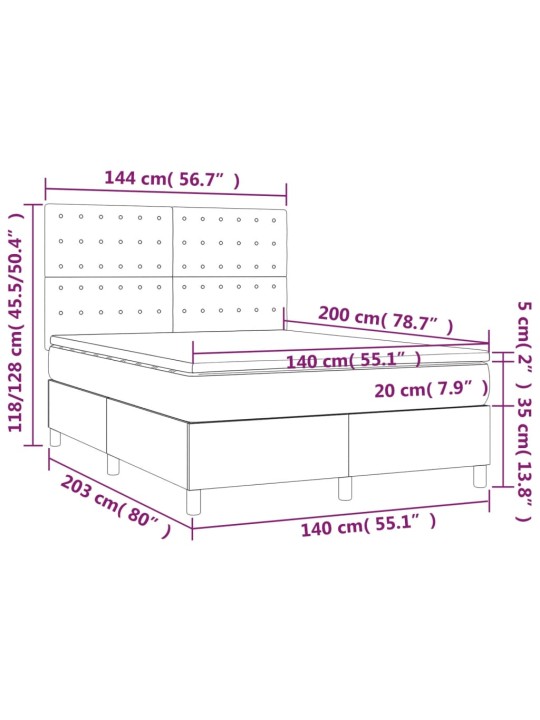 Kontinentaalvoodi madrats, LED, tumesinine, 140x200 cm, samet