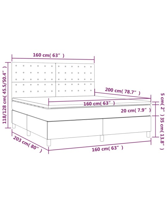 Kontinentaalvoodi madrats ja LED, helehall, 160x200 cm, samet