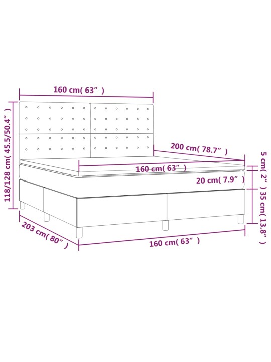 Kontinentaalvoodi madrats ja led, tumehall, 160x200 cm, samet