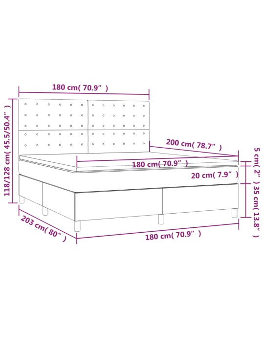 Kontinentaalvoodi madrats ja LED, tumehall, 180x200 cm, samet