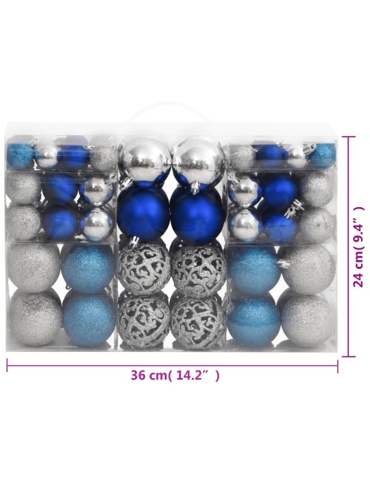 Jõulukuulid 100 tk, sinine ja hõbedane, 3/4/6 cm