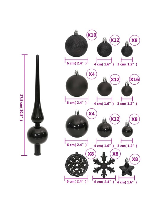 111-osaline jõulukuulide komplekt, must, polüstüreen