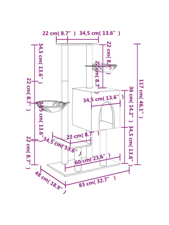 Kassimaja sisalköitega kraapimispostidega, kreemjas, 117 cm