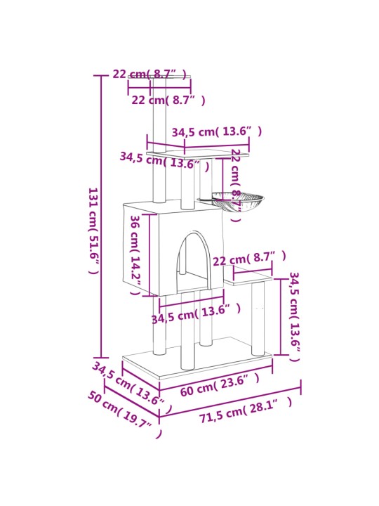 Kassimaja sisalköitega kraapimispuudega, tumehall, 131 cm