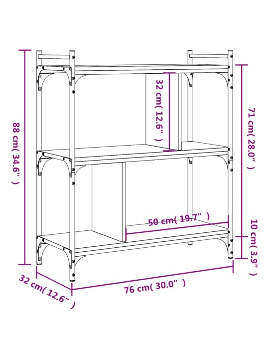 Raamaturiiul 3 korrust, hall sonoma, 76 x 32 x 88 cm, tehispuit